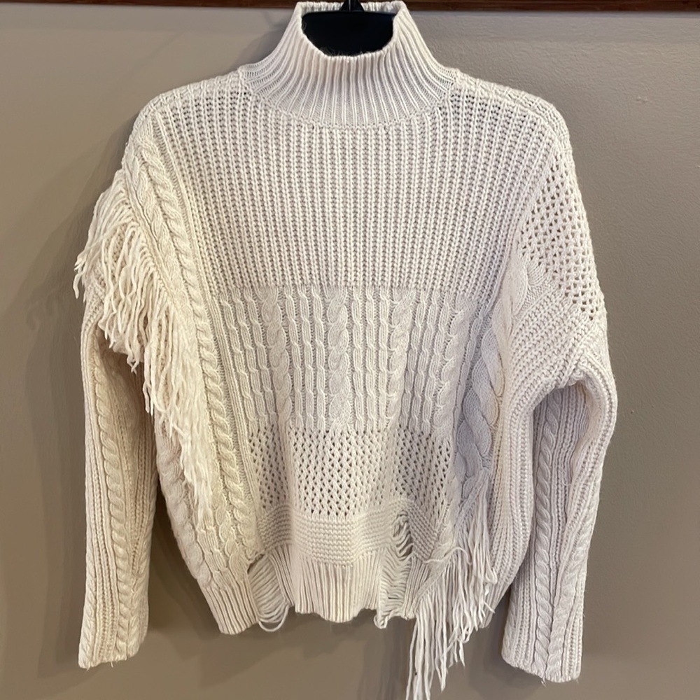 FREE GENERATION LA women’s ivory chunky knit cable sweater mock neck fringe SM